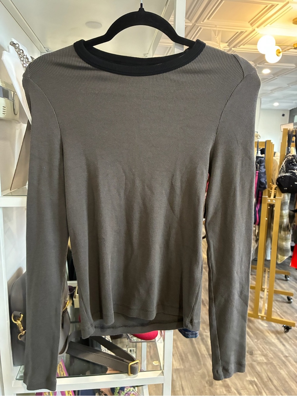 KOTN brown Ribbed Long Sleeve Crewneck Top with Black Trim